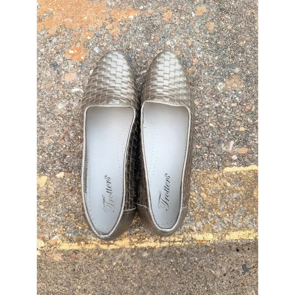 Trotters Womens 8.5‎ Woven Leather Loafers Metallic Pewter Gold Brazil 158-704